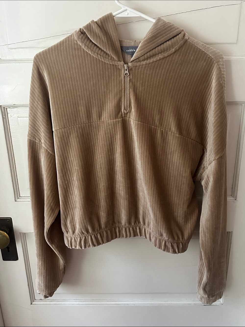 Cobble Lane Cropped Ribbed Hoodie Velvet Corduroy Quarter-Zip Topi Tan Beige